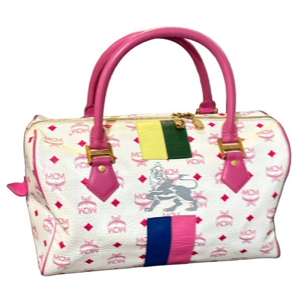 MCM Handbags - MCM White Satchel with Pink Handles and Multicolor Stripe